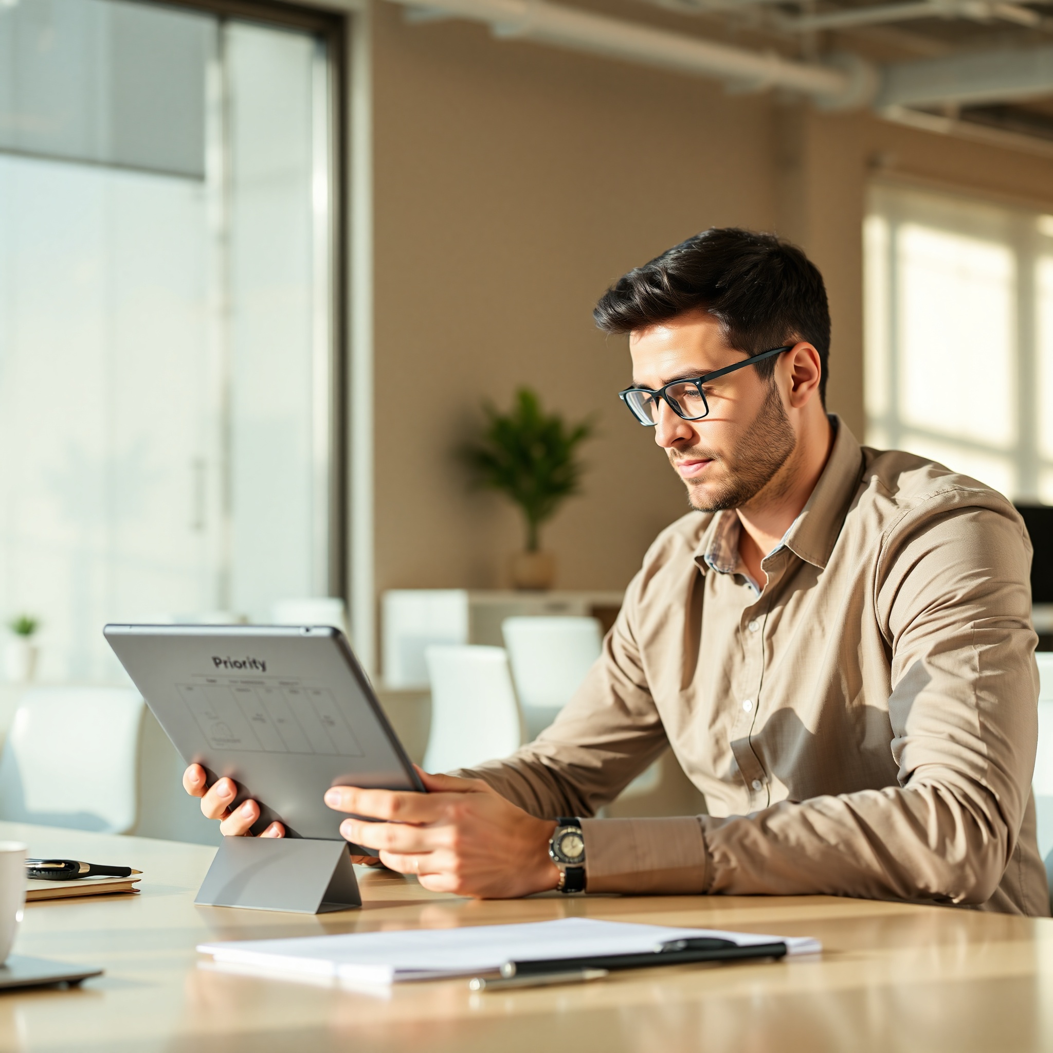 Executive reviewing priority matrix framework on digital tablet in modern office