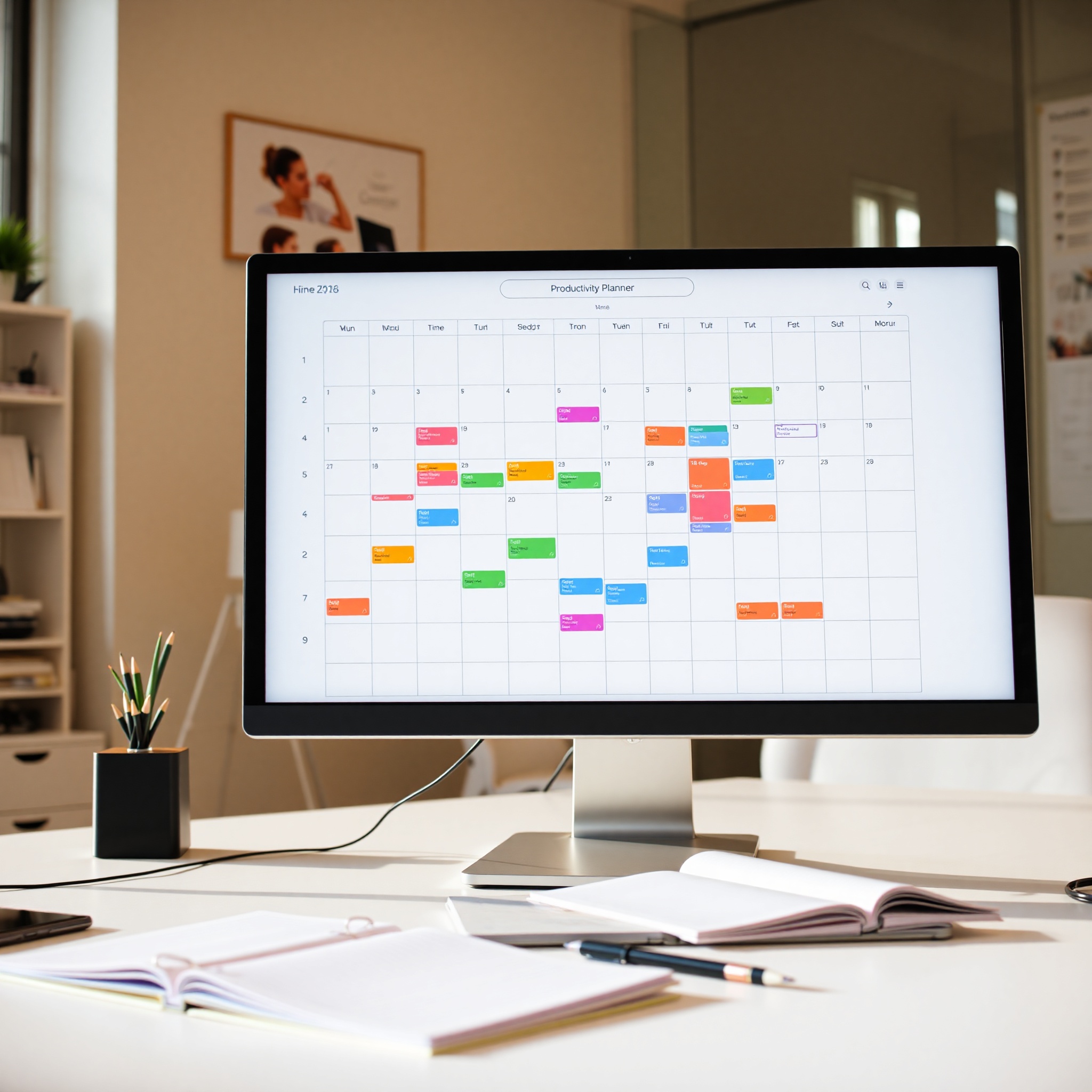 Time blocking calendar showing organized color-coded work blocks and break periods