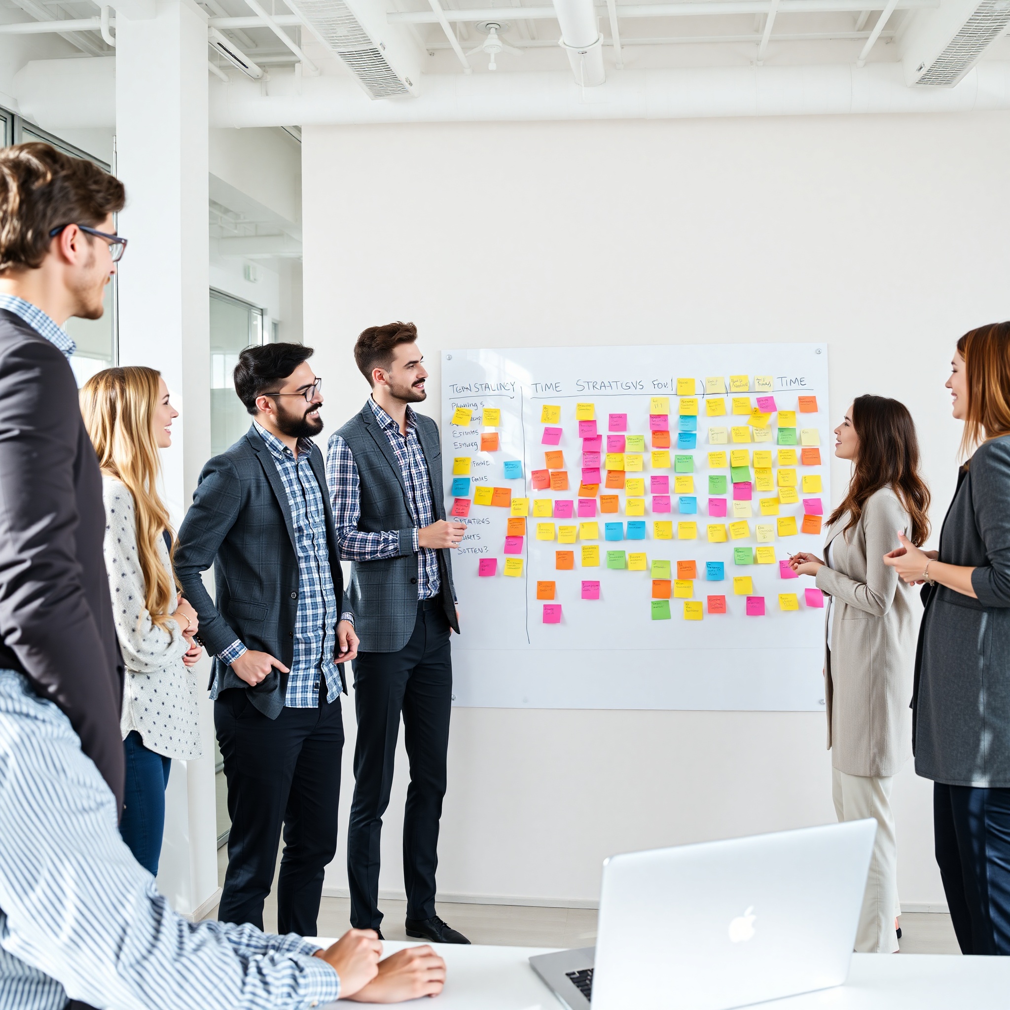 Business team collaborating on strategy planning with colorful sticky notes on large whiteboard