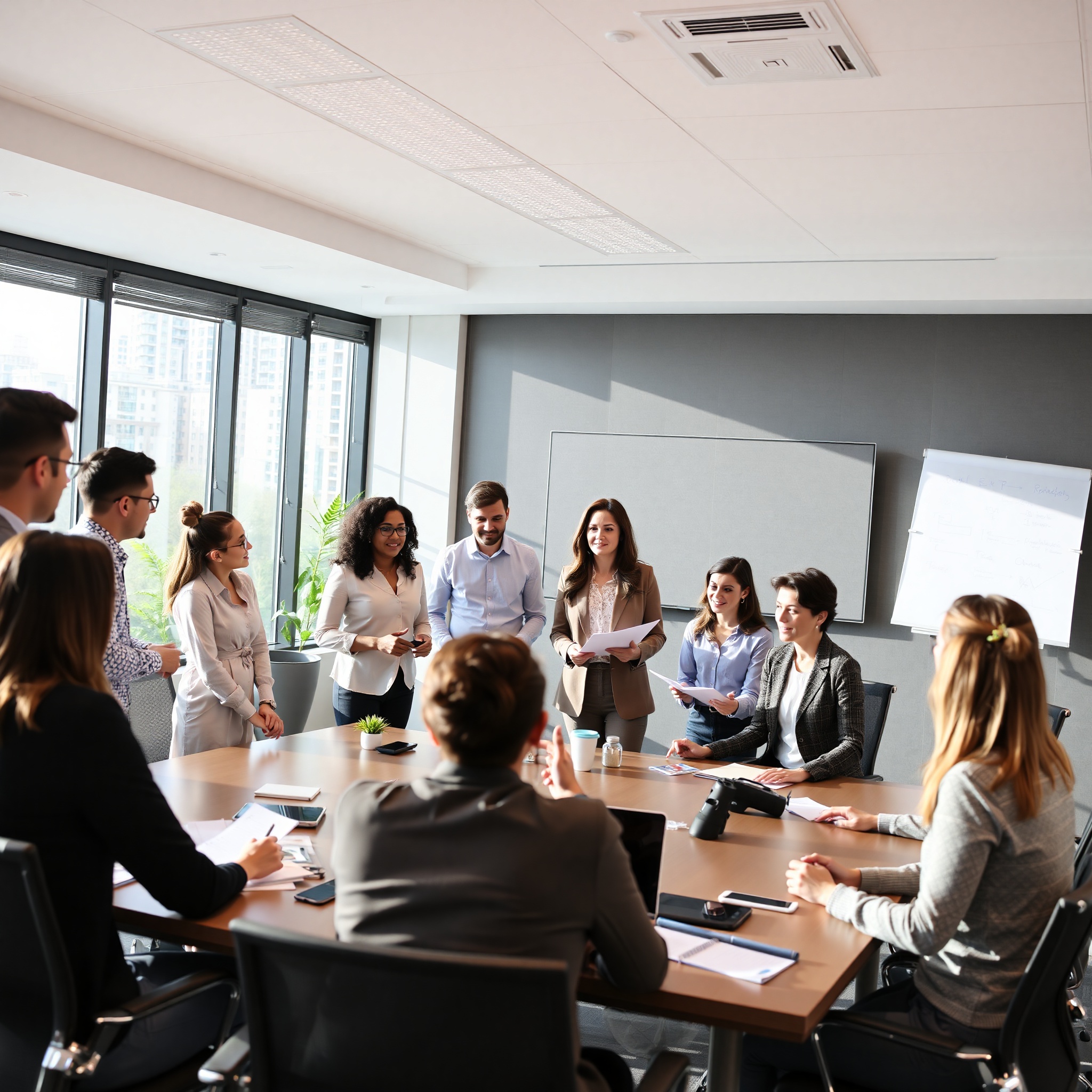 Leader delegating tasks to diverse team members in collaborative meeting