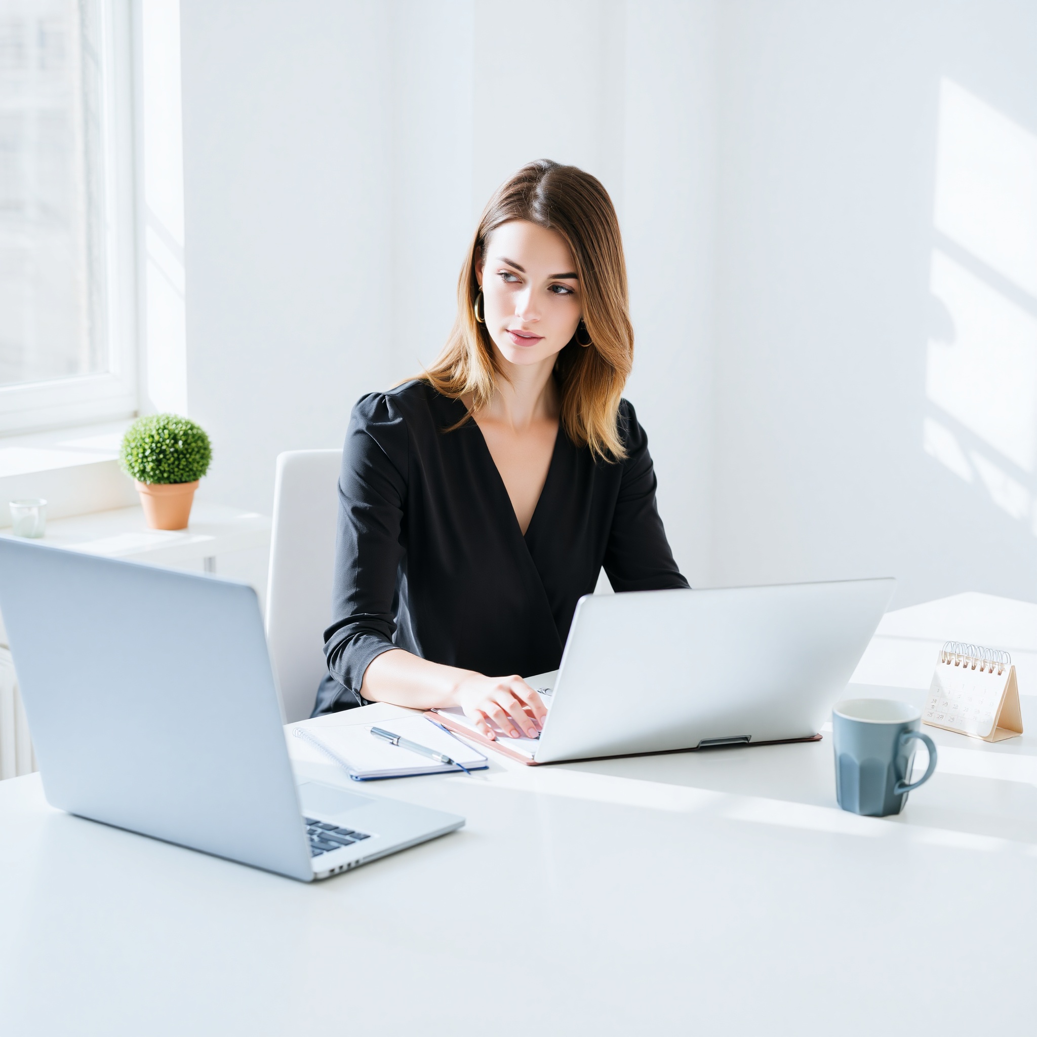 Professional woman working at organized desk with laptop, calendar, and productivity tools in modern office environment