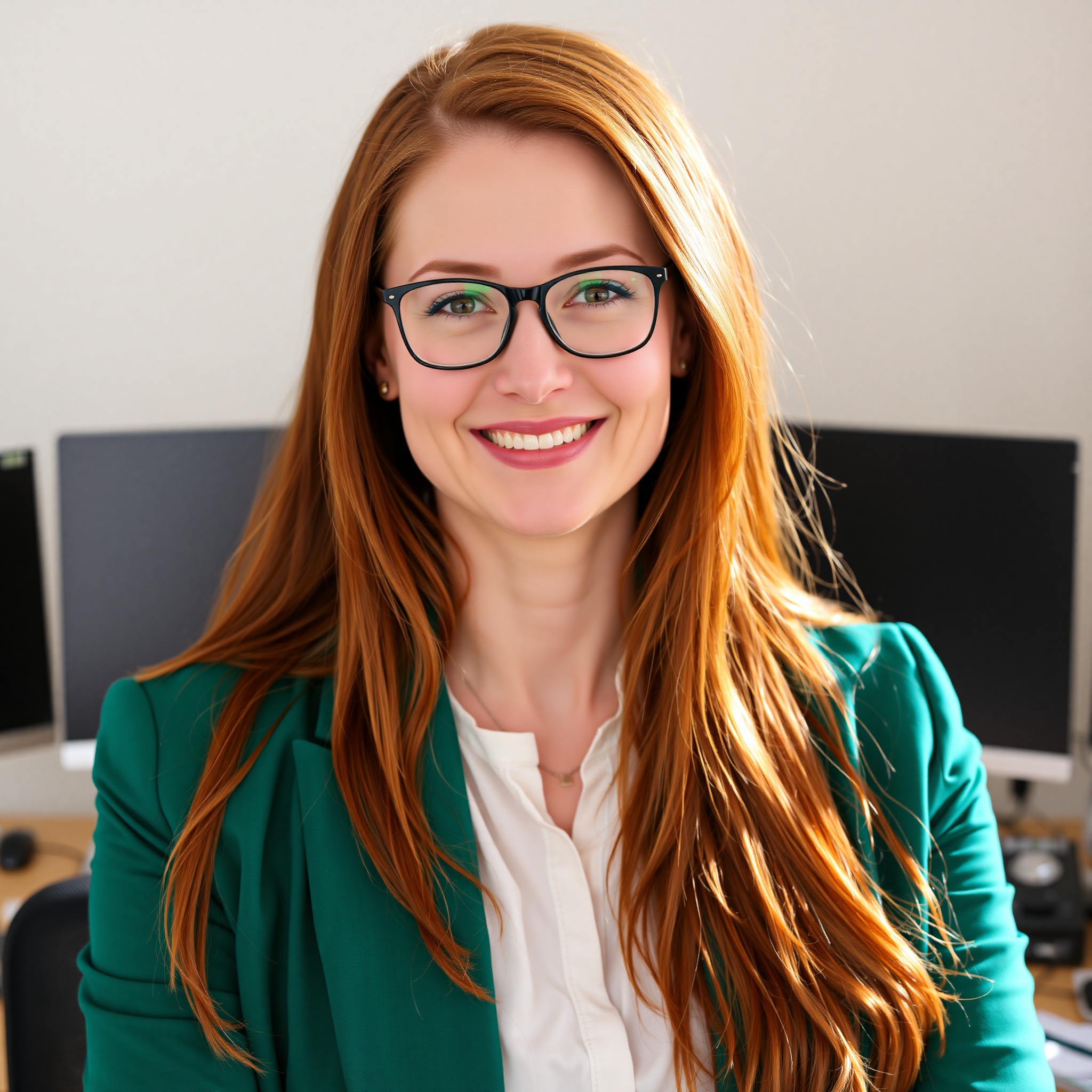 Professional photo of Elena, 29-year-old woman with long auburn hair, wearing glasses and green blazer, approachable demeanor