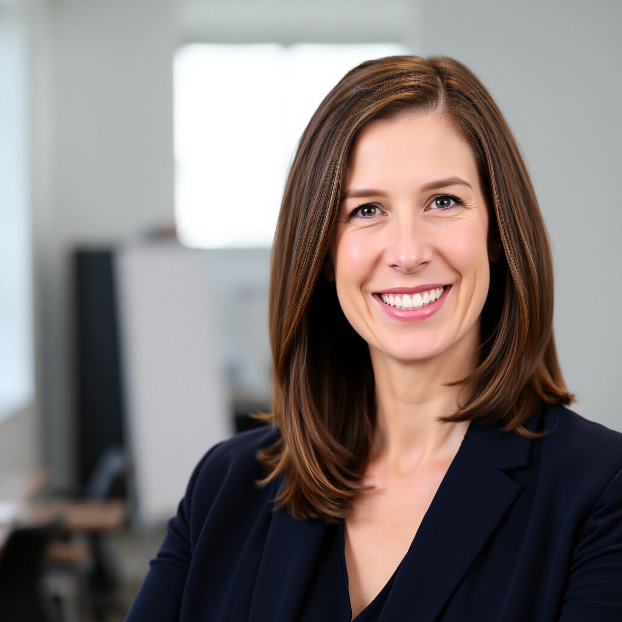 Professional headshot of Sarah, 34-year-old woman with shoulder-length brown hair wearing navy blazer, warm office lighting