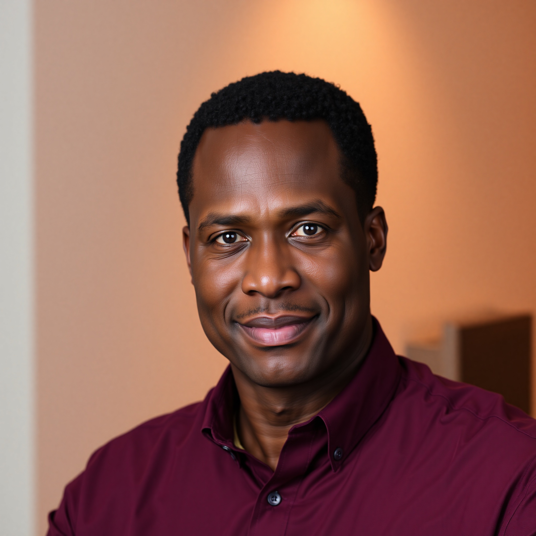Professional photo of Marcus, 41-year-old man with short dark hair wearing burgundy shirt, confident expression, warm lighting