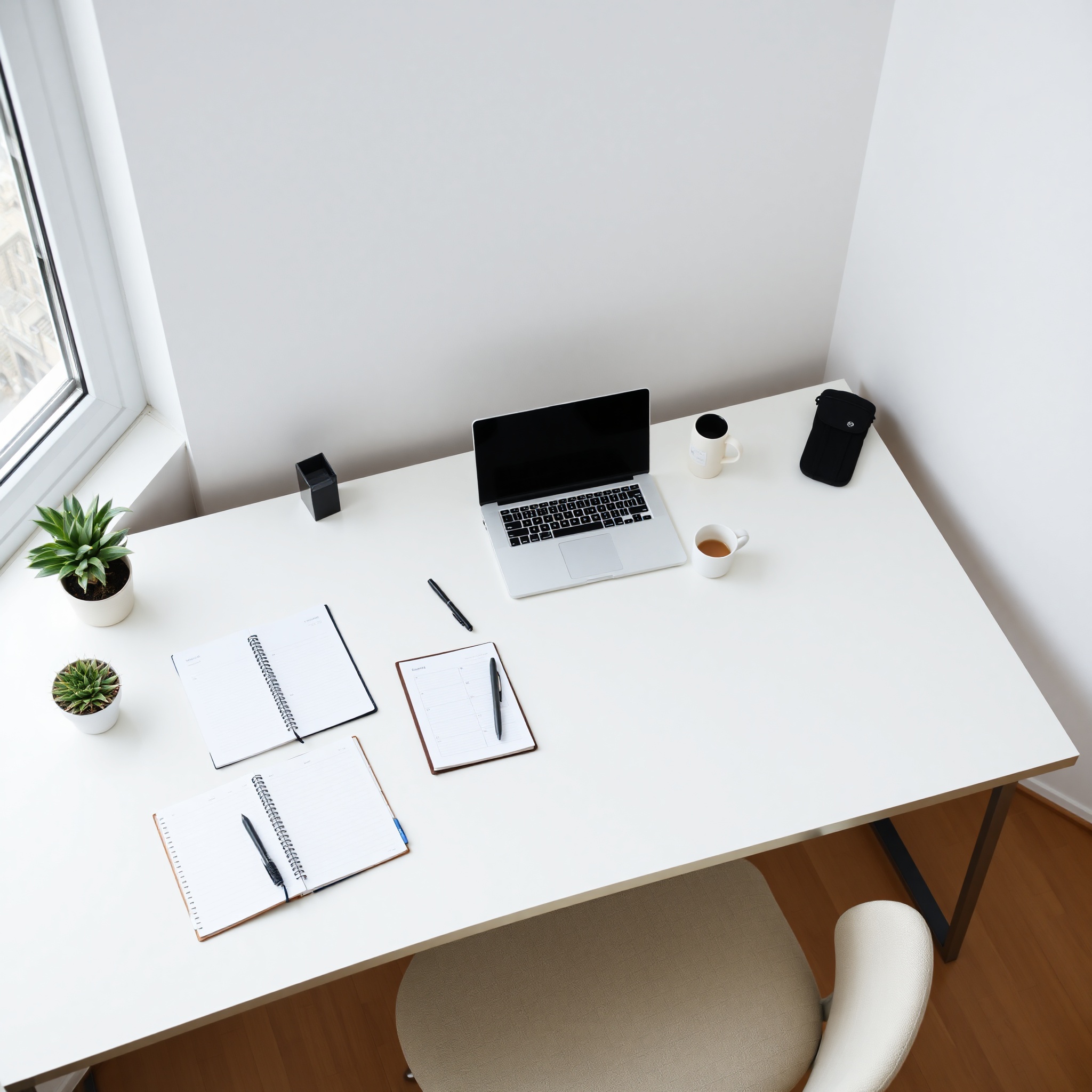 Professional workspace with organized desk, laptop, notebook, and coffee cup showing time management setup