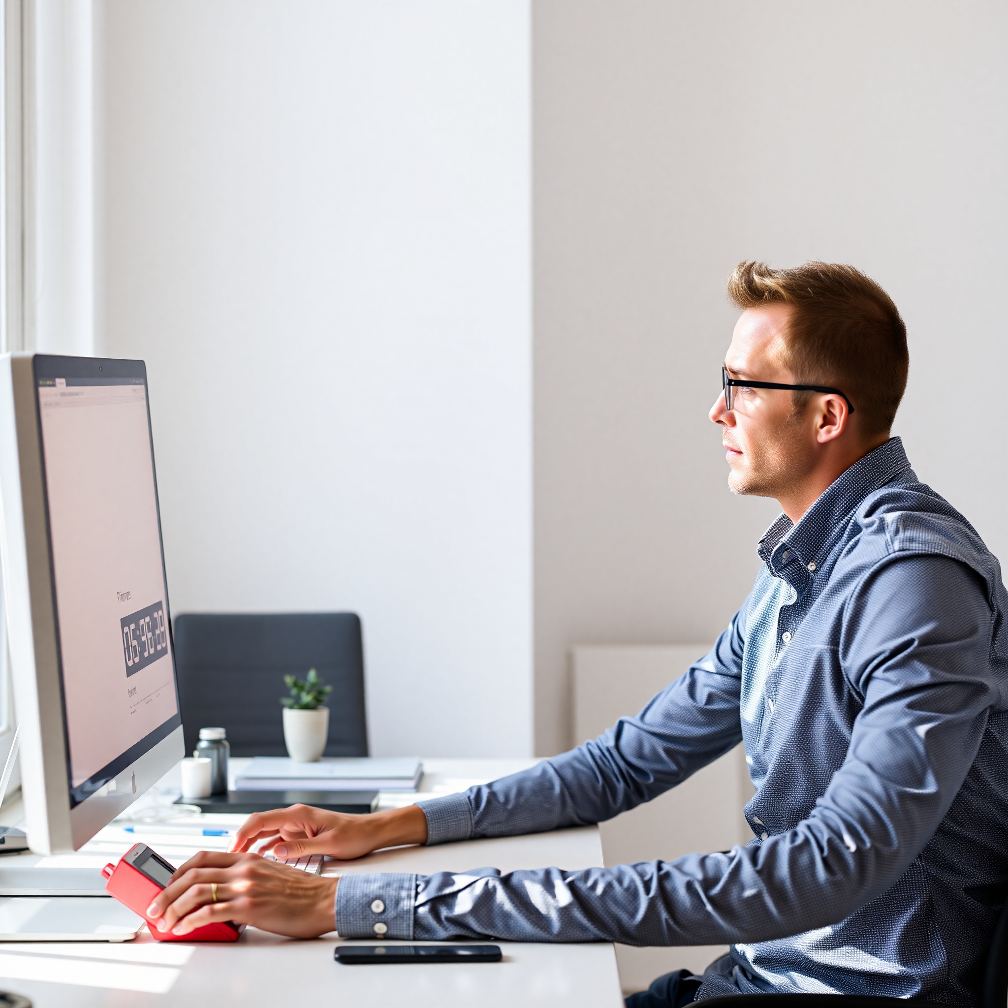 Man using Pomodoro timer technique with focused work session displayed on desktop environment