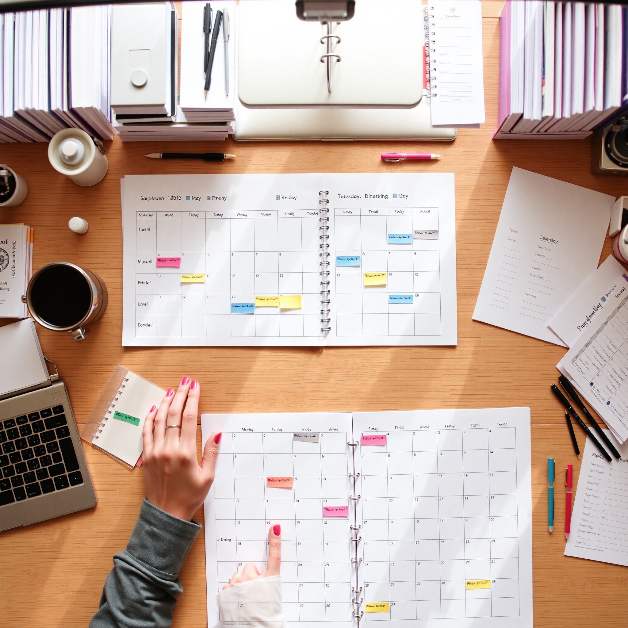 Person using time blocking technique with colorful calendar planner