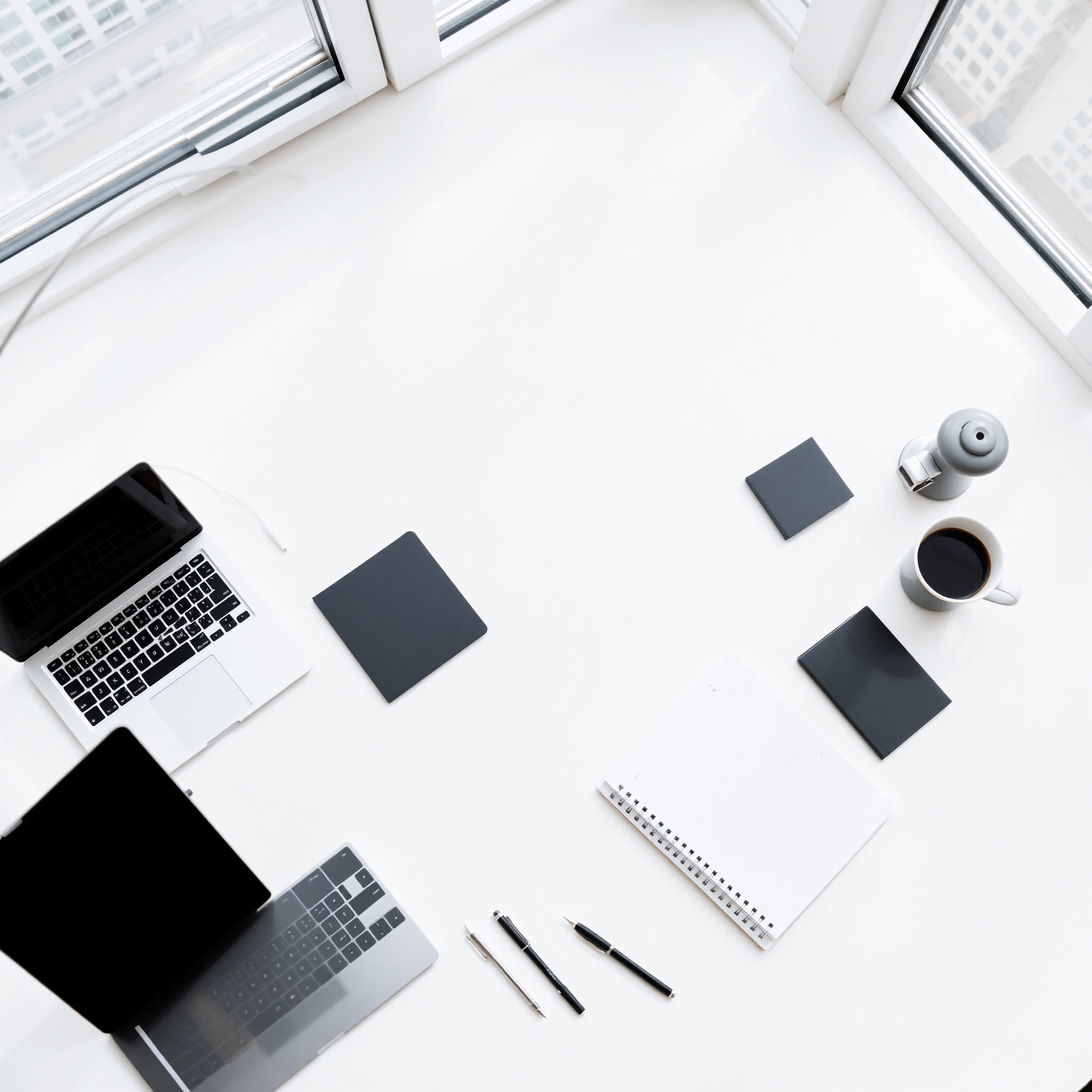 Professional workspace with organized desk, laptop, notebook, and coffee cup showing time management setup