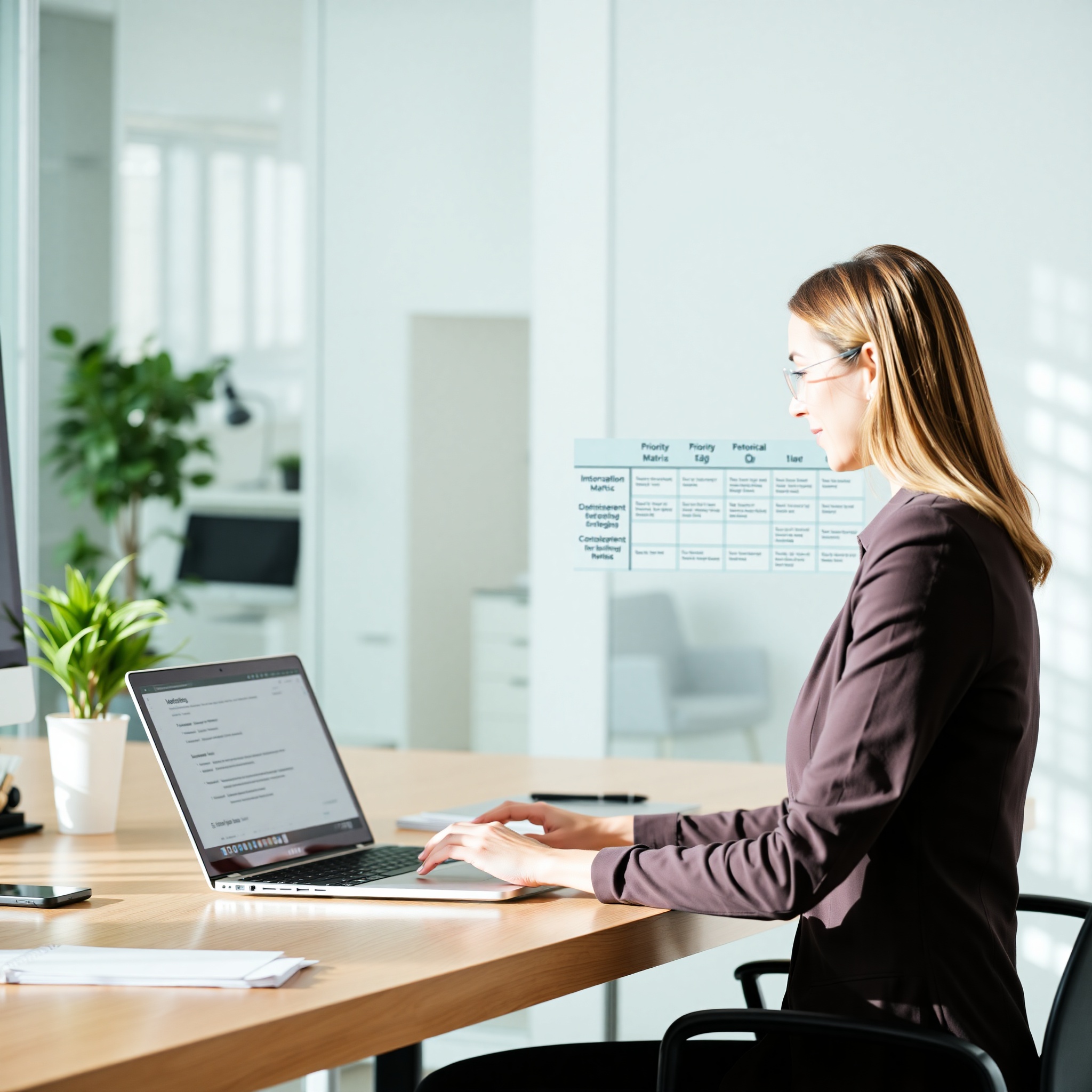 Woman prioritizing tasks with priority matrix chart visible on digital screen in modern office