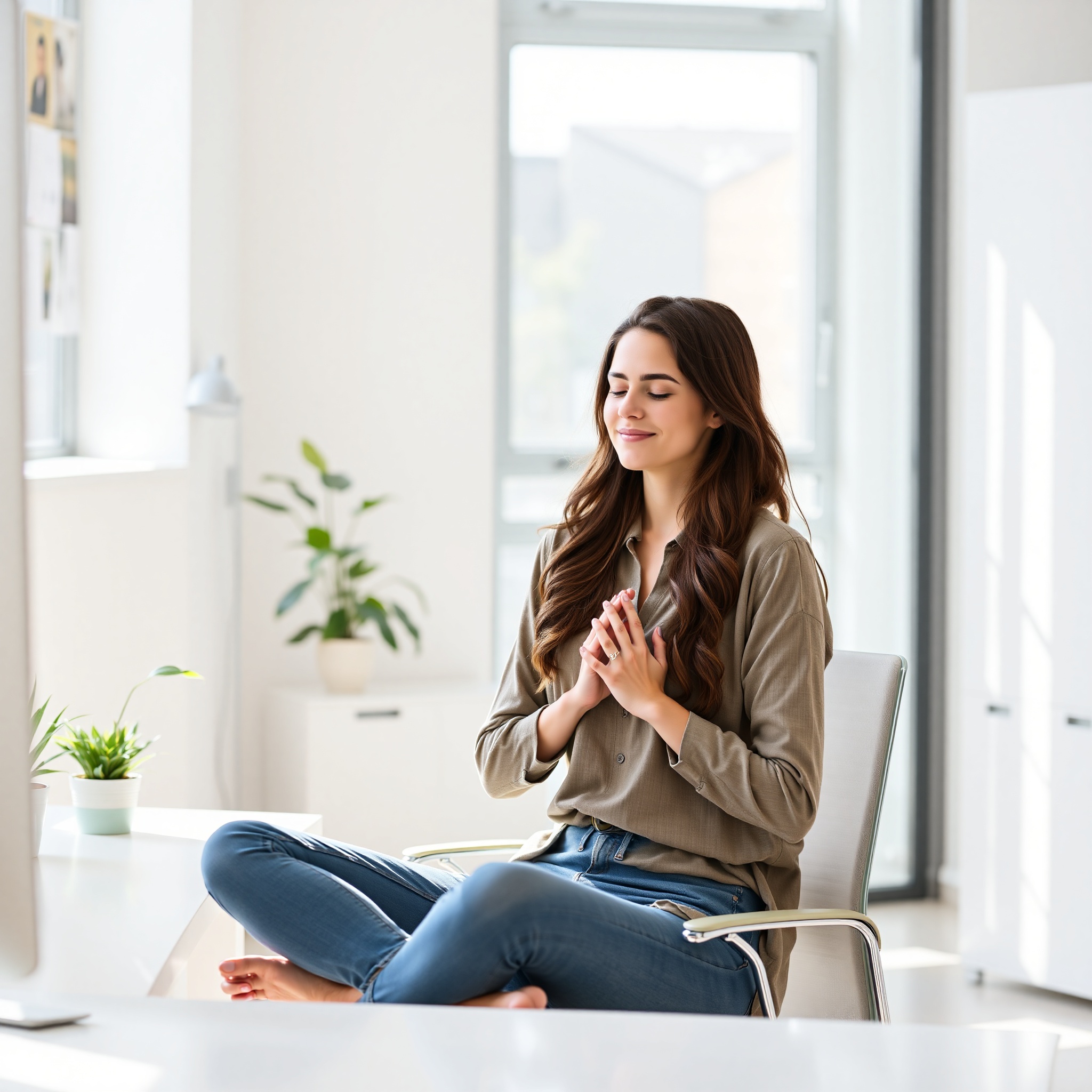 Professional woman taking a mindful break at her clean desk workspace with plants and natural light streaming in